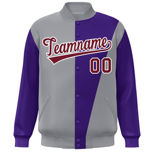 Custom Gray Purple-Crimson Color Block Varsity Full-Snap Bomber Jacket