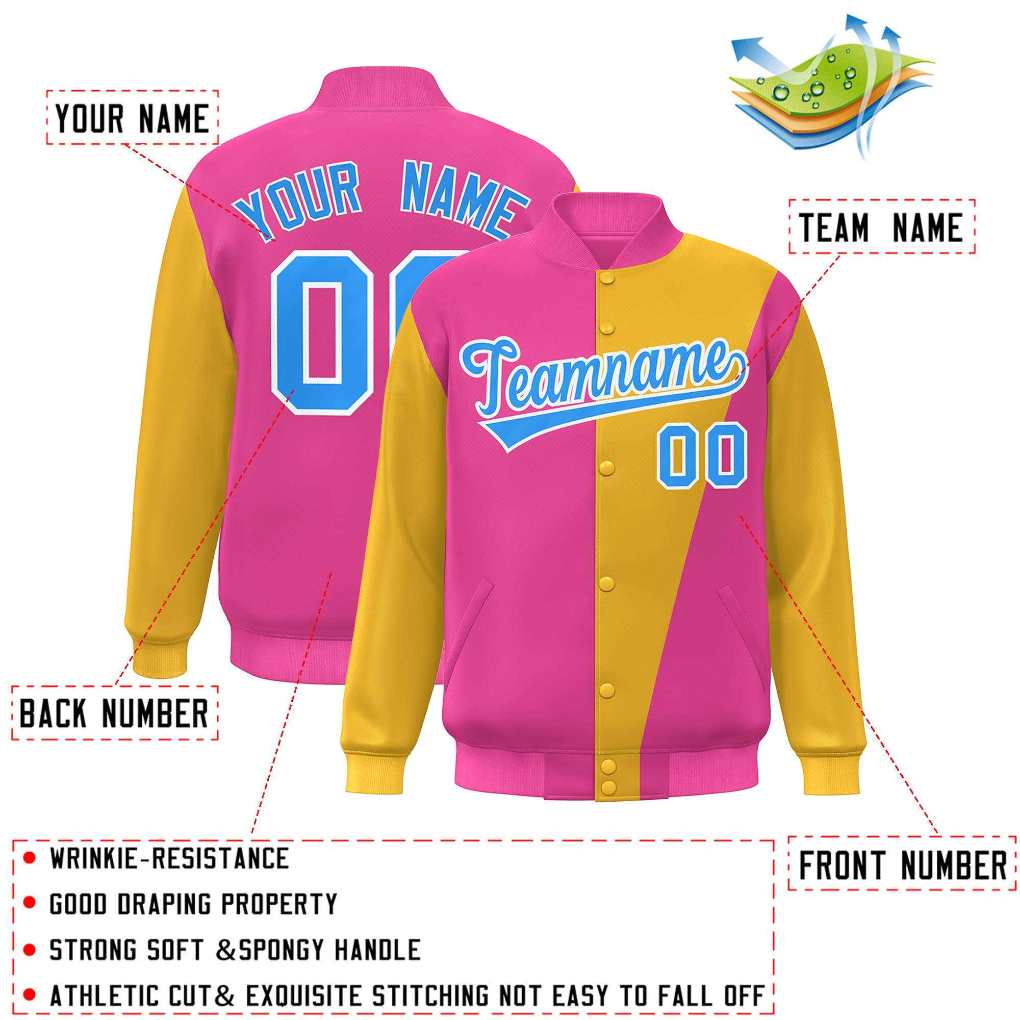 Custom Pink Yellow-Powder Blue Color Block Varsity Full-Snap Bomber Jacket