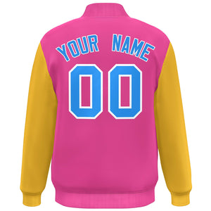 Custom Pink Yellow-Powder Blue Color Block Varsity Full-Snap Bomber Jacket