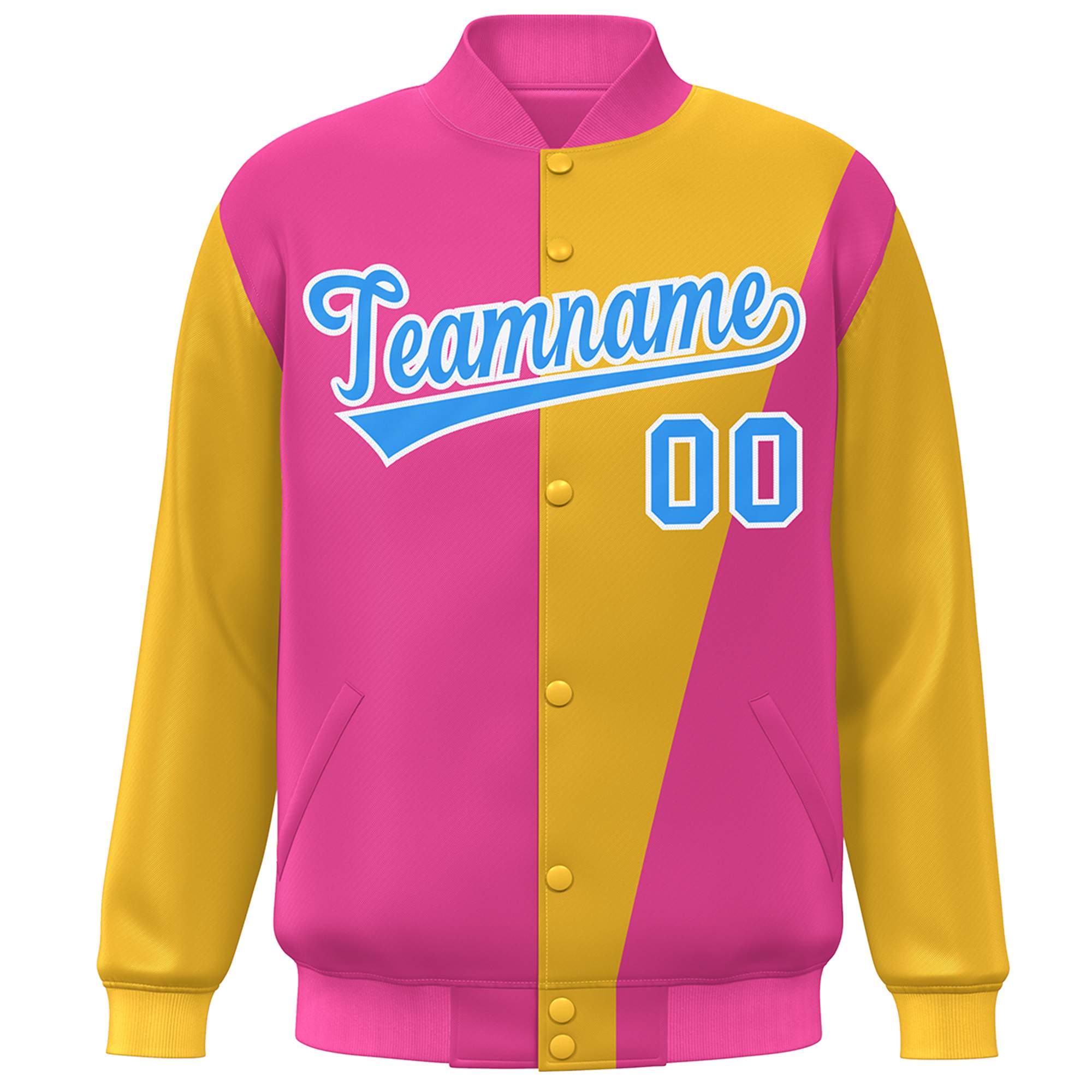 Custom Pink Yellow-Powder Blue Color Block Varsity Full-Snap Bomber Jacket