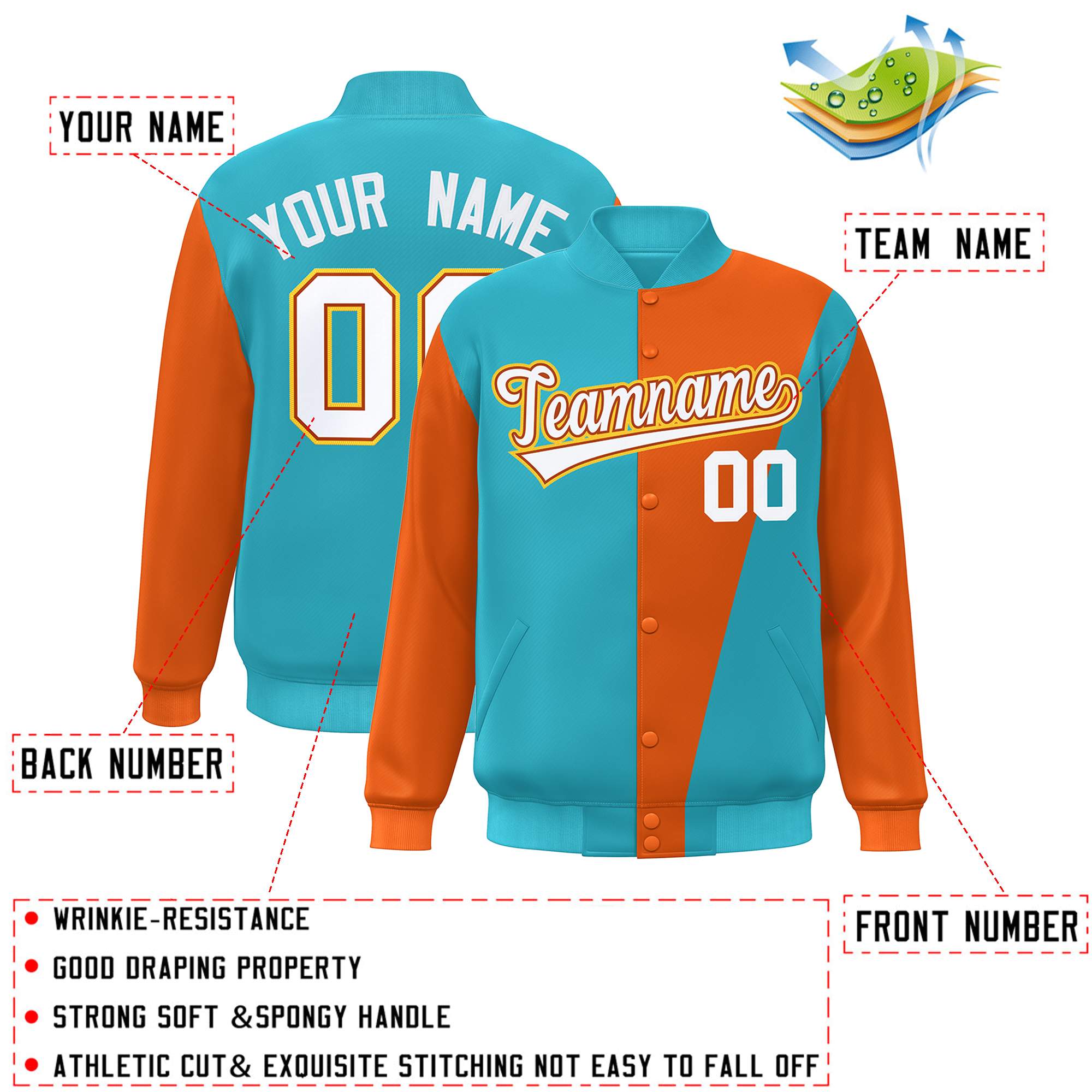 Custom Light Blue Orange-White Color Block Varsity Full-Snap Bomber Jacket