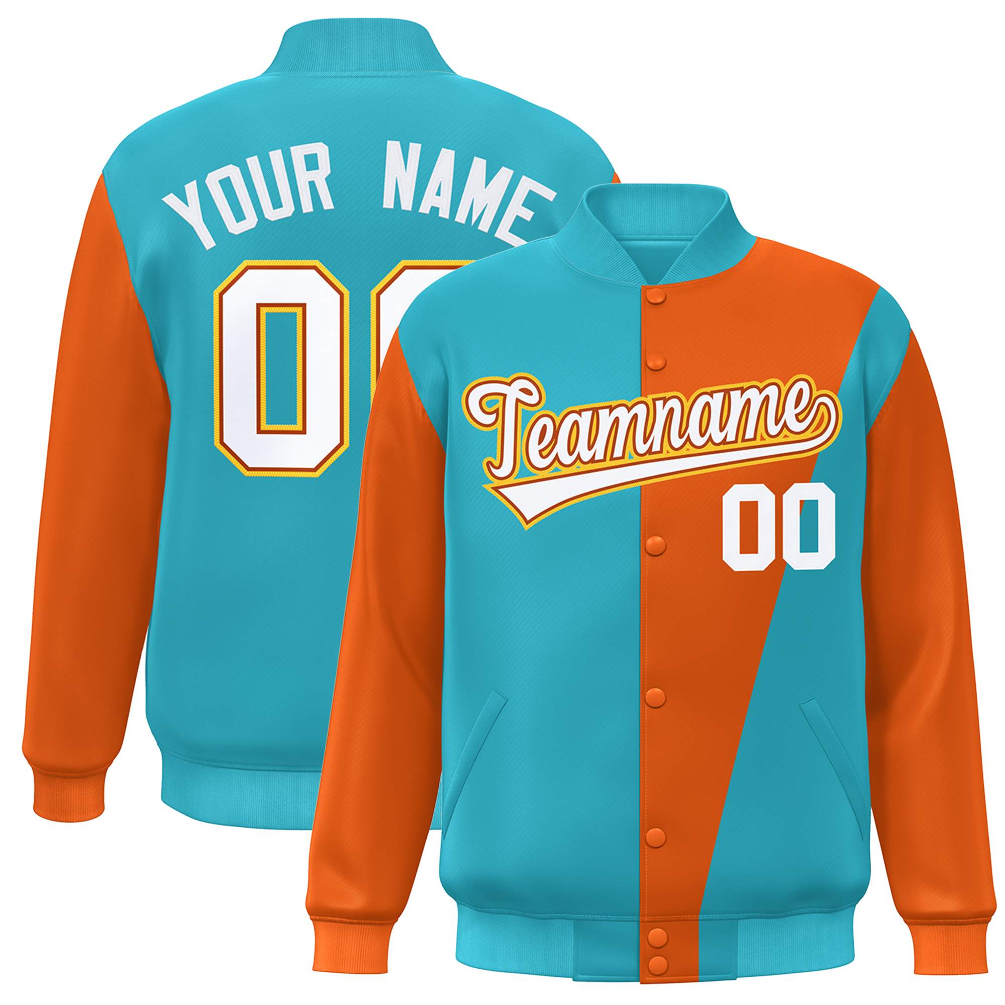 Custom Light Blue Orange-White Color Block Varsity Full-Snap Bomber Jacket