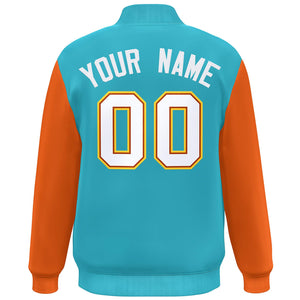 Custom Light Blue Orange-White Color Block Varsity Full-Snap Bomber Jacket