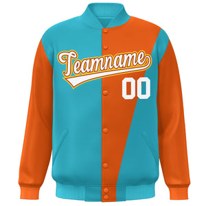 Custom Light Blue Orange-White Color Block Varsity Full-Snap Bomber Jacket