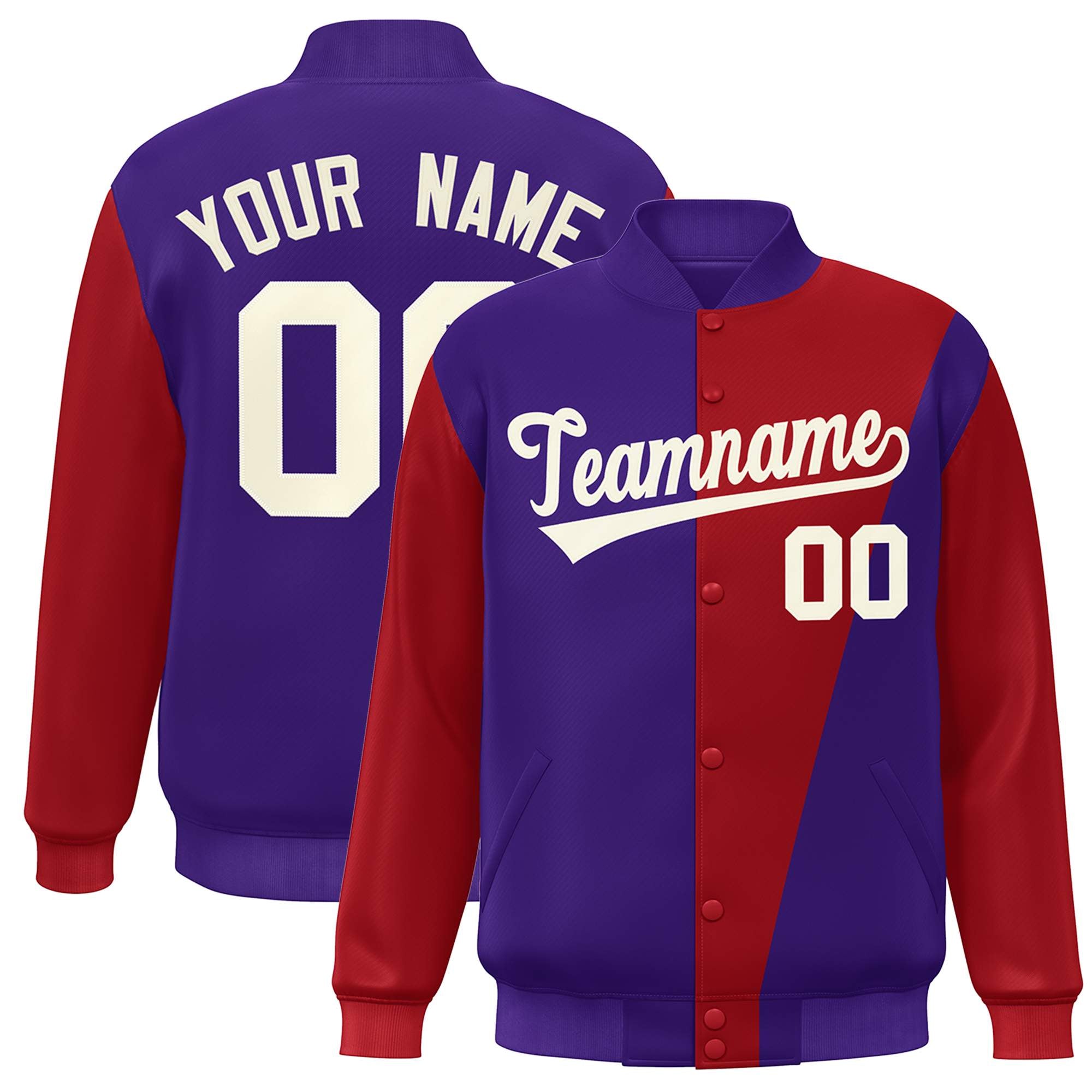 Custom Purple Crimson-White Color Block Varsity Full-Snap Bomber Jacket