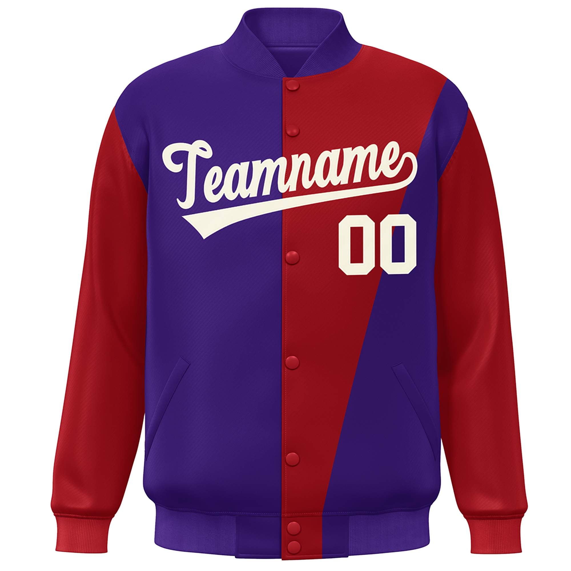 Custom Purple Crimson-White Color Block Varsity Full-Snap Bomber Jacket