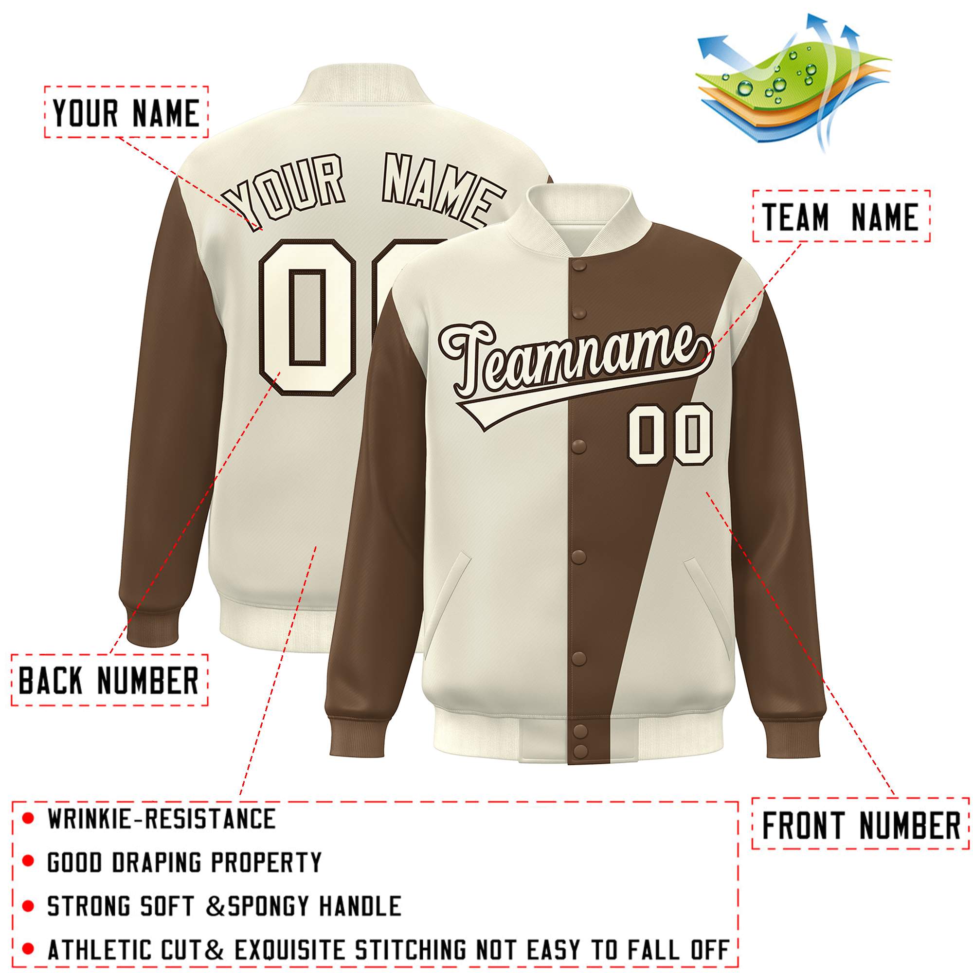 Custom Cream Brown Color Block Varsity Full-Snap Bomber Jacket