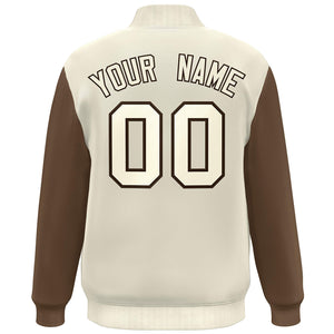 Custom Cream Brown Color Block Varsity Full-Snap Bomber Jacket