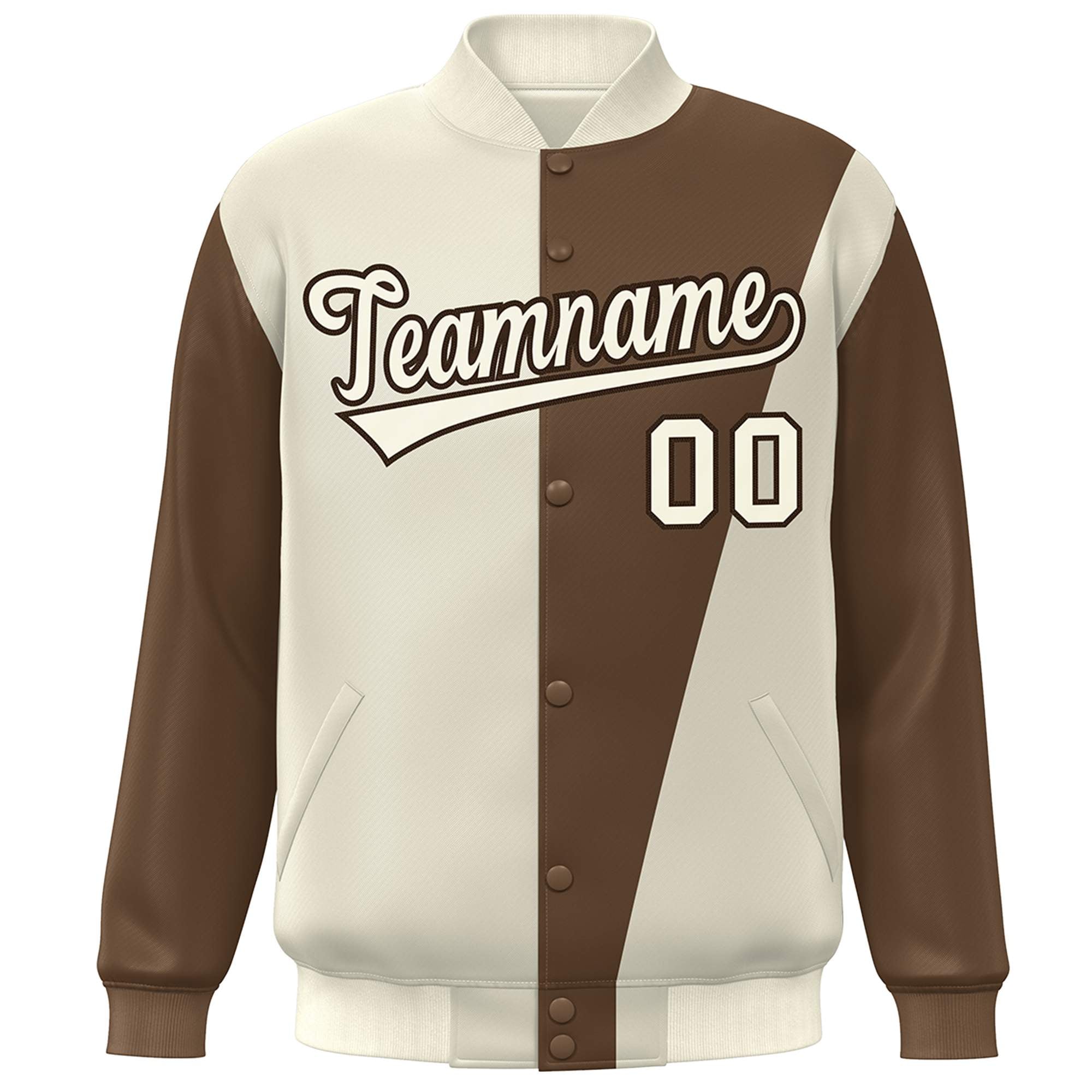 Custom Cream Brown Color Block Varsity Full-Snap Bomber Jacket