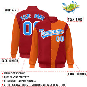 Custom Red Orange-Powder Blue Color Block Varsity Full-Snap Bomber Jacket