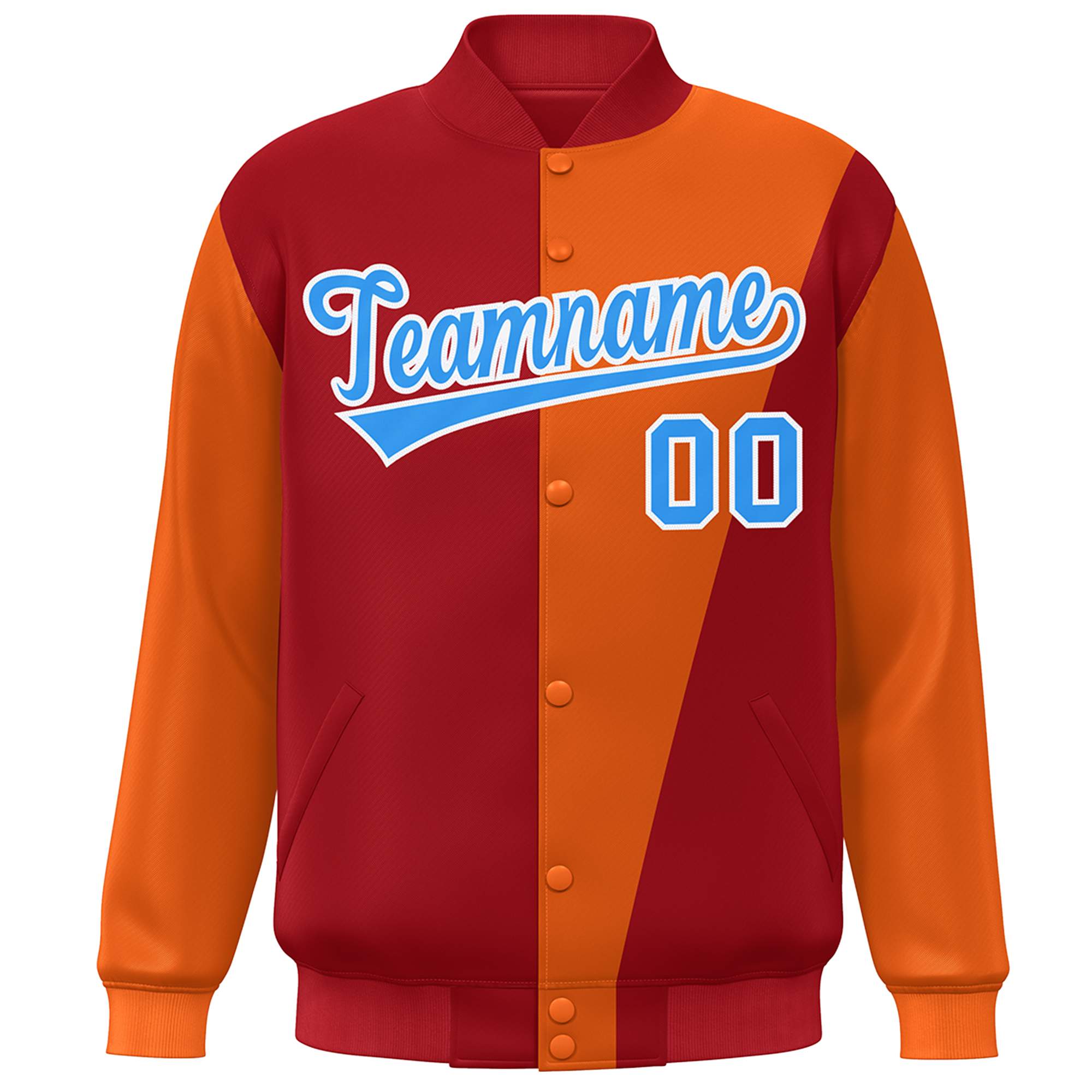 Custom Red Orange-Powder Blue Color Block Varsity Full-Snap Bomber Jacket