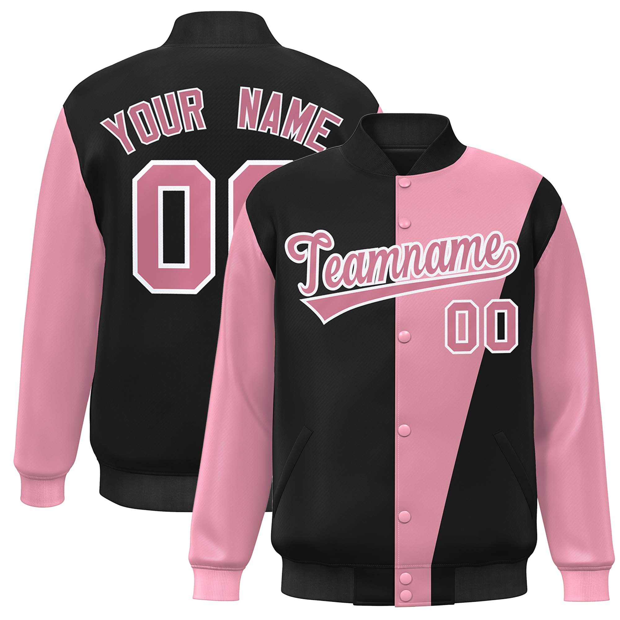 Custom Black Pink-White Color Block Varsity Full-Snap Bomber Jacket