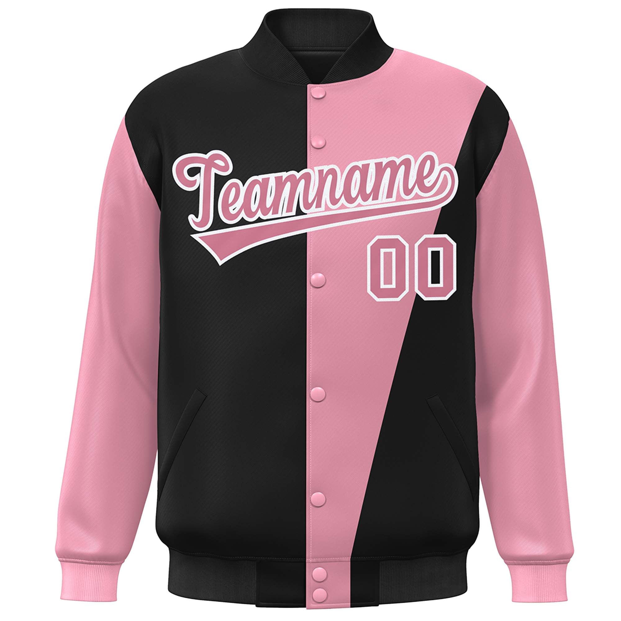 Custom Black Pink-White Color Block Varsity Full-Snap Bomber Jacket