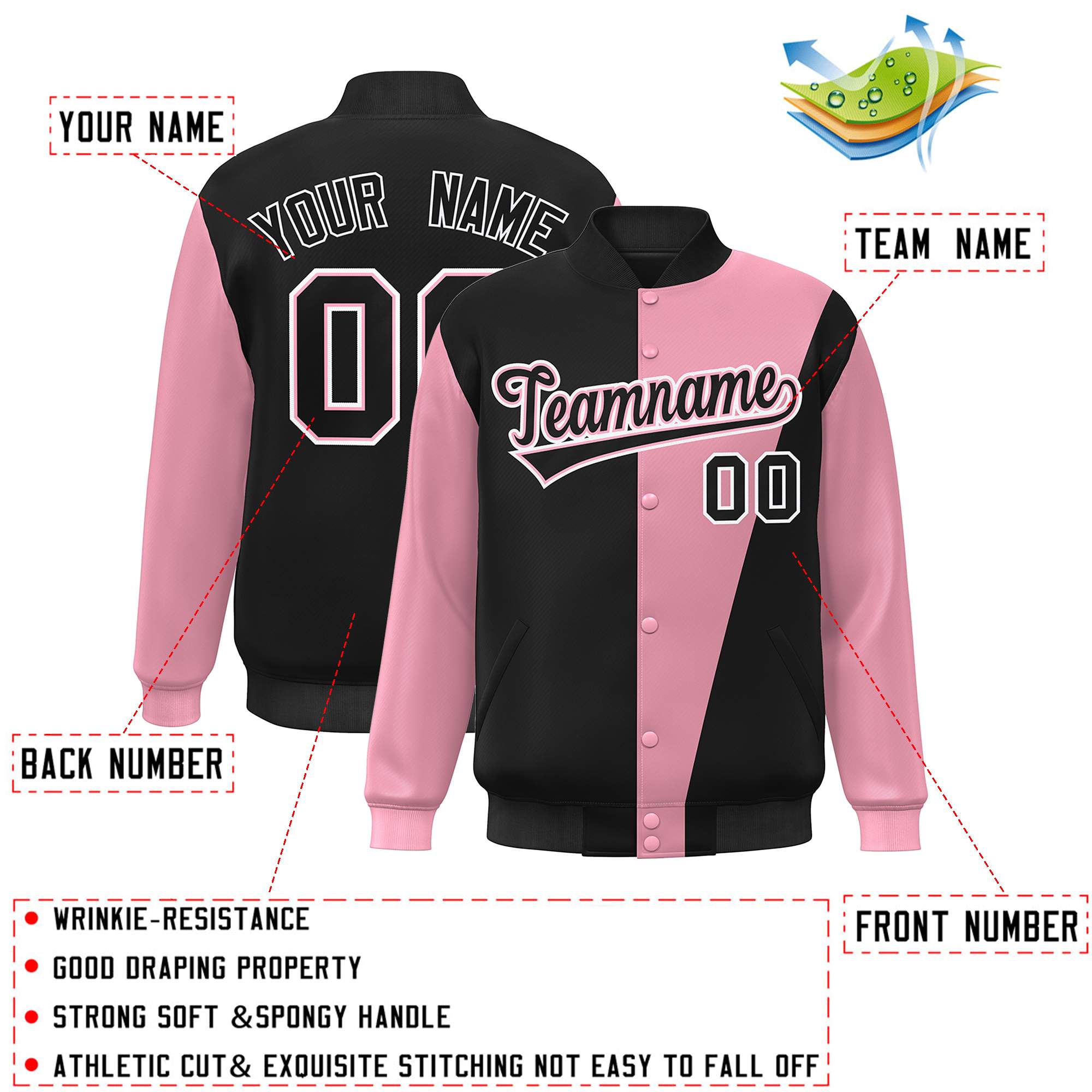 Custom Black Pink-White Color Block Varsity Full-Snap Bomber Jacket