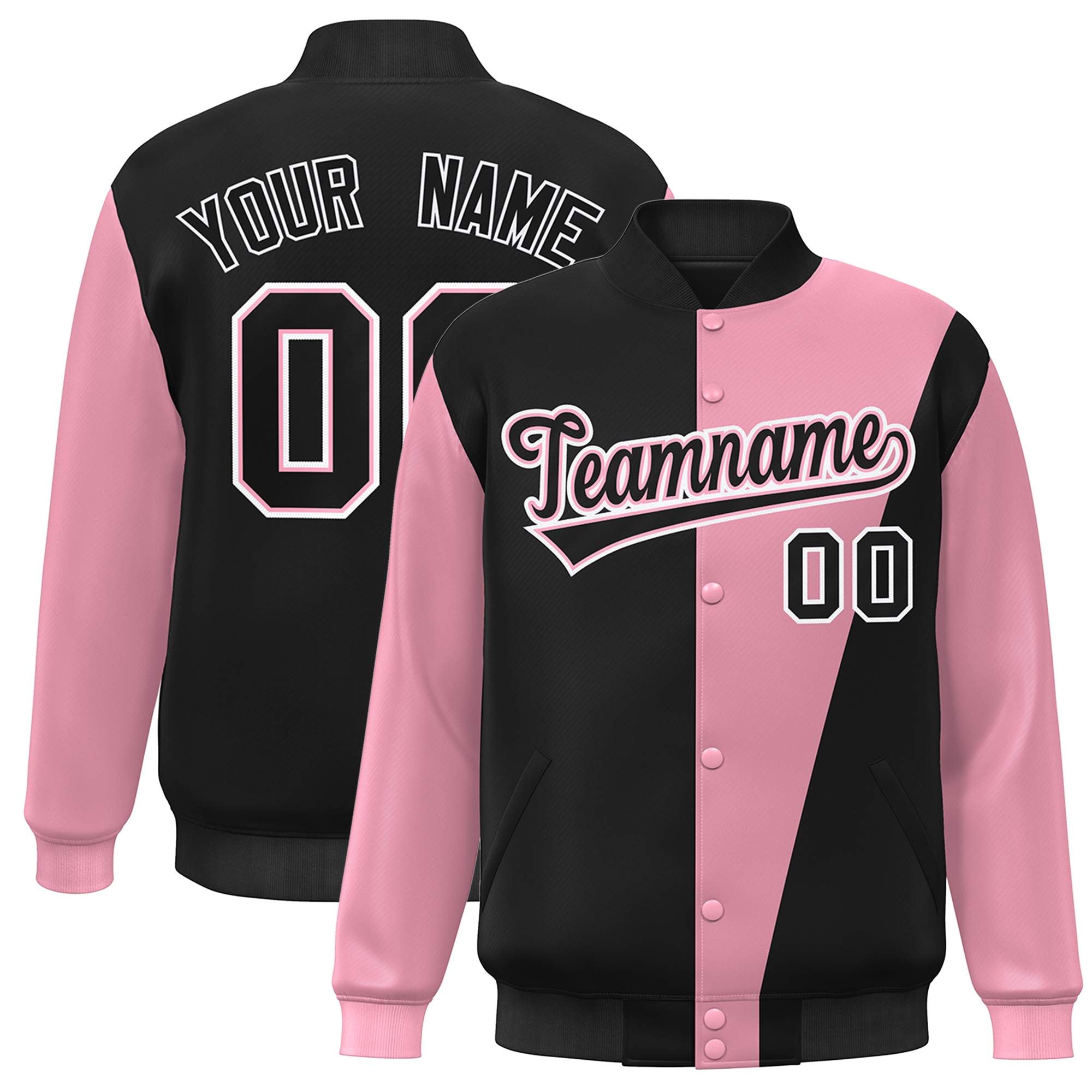 Custom Black Pink-White Color Block Varsity Full-Snap Bomber Jacket