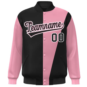 Custom Black Pink-White Color Block Varsity Full-Snap Bomber Jacket