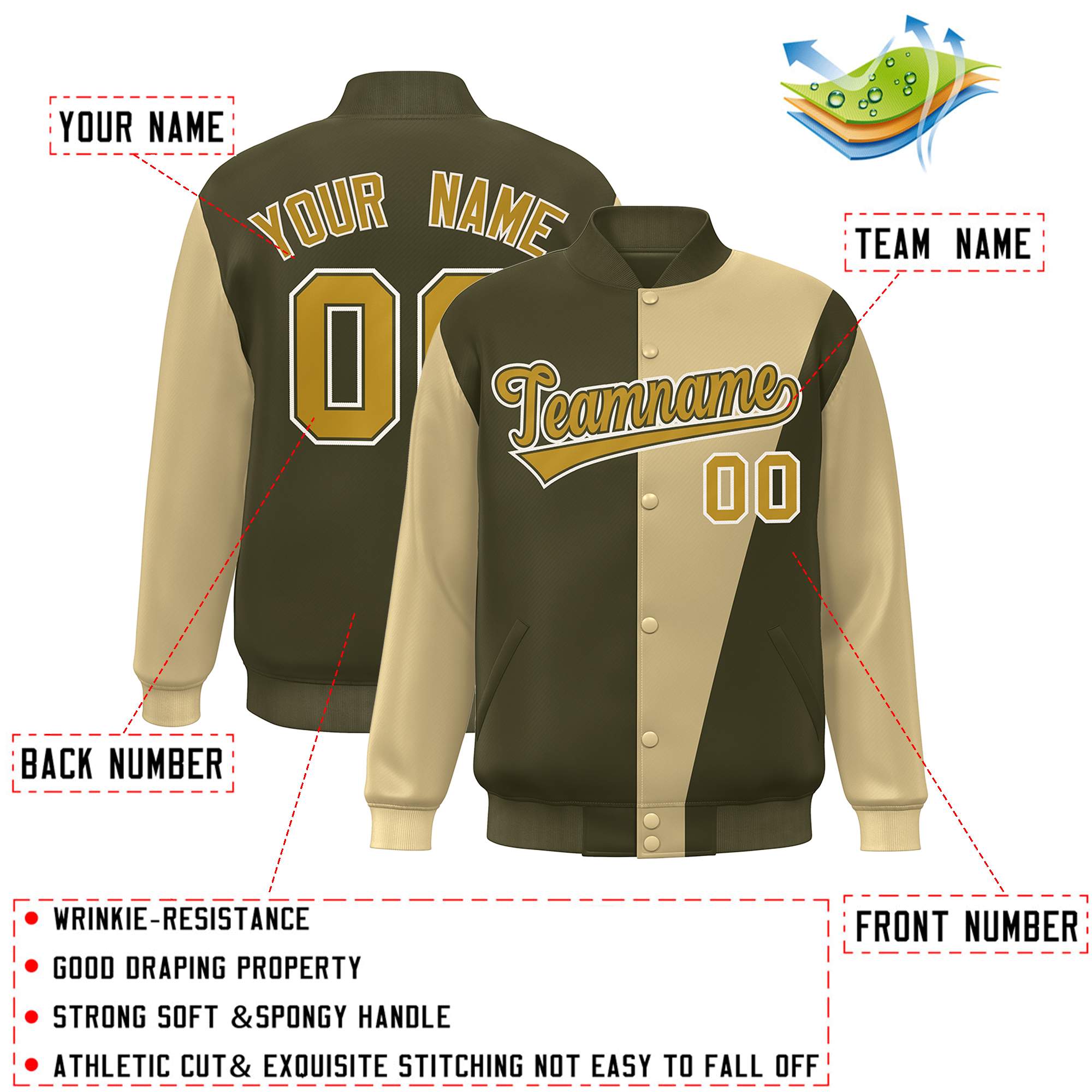 Custom Olive Khaki-Old Gold Color Block Varsity Full-Snap Bomber Jacket