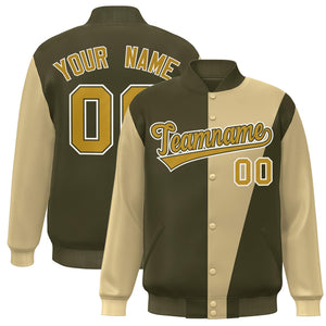 Custom Olive Khaki-Old Gold Color Block Varsity Full-Snap Bomber Jacket