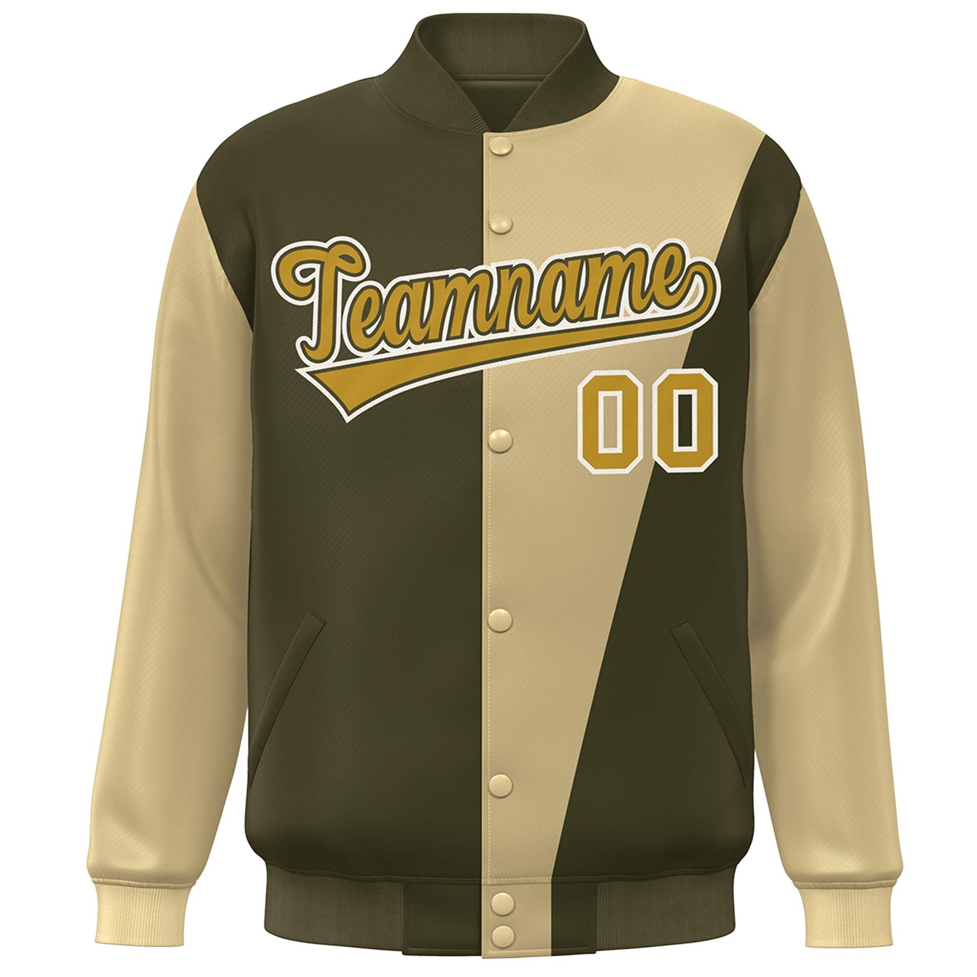 Custom Olive Khaki-Old Gold Color Block Varsity Full-Snap Bomber Jacket