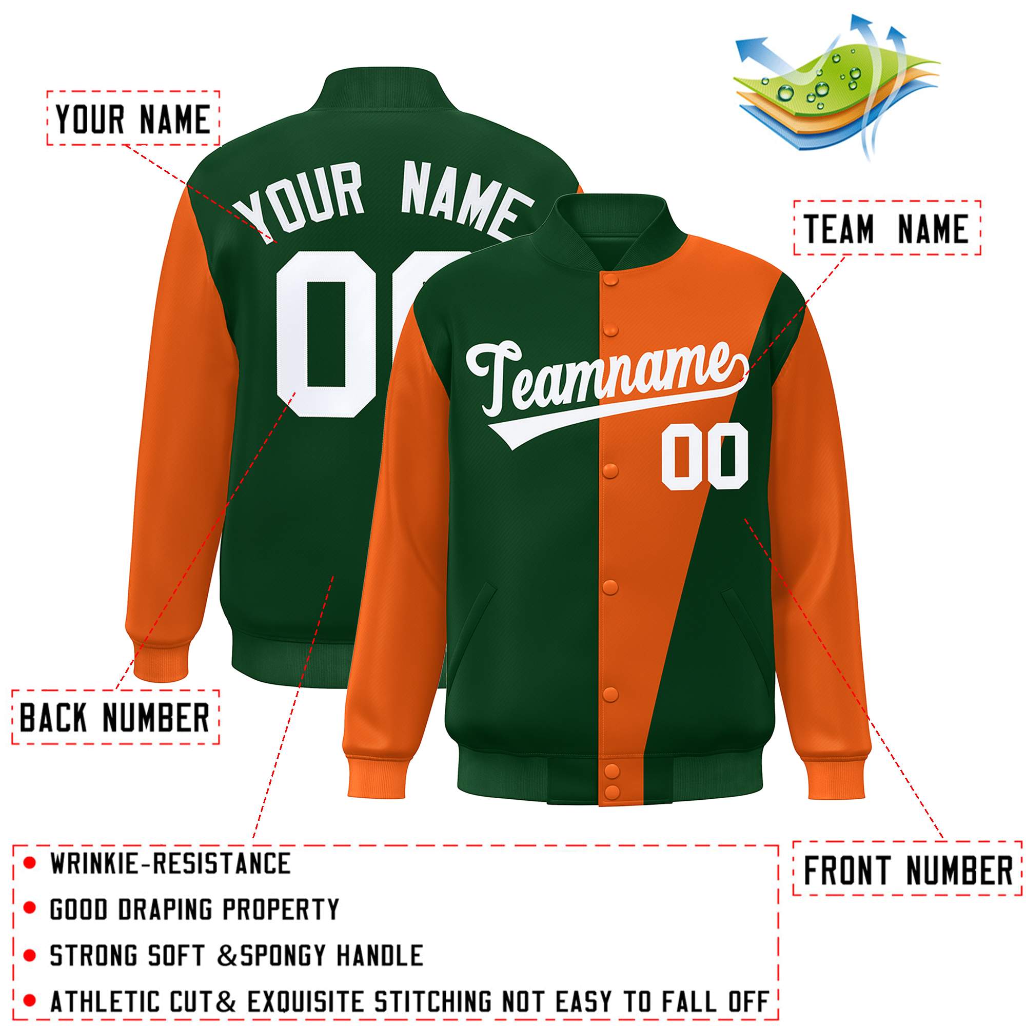 Custom Green Orange-White Color Block Varsity Full-Snap Bomber Jacket