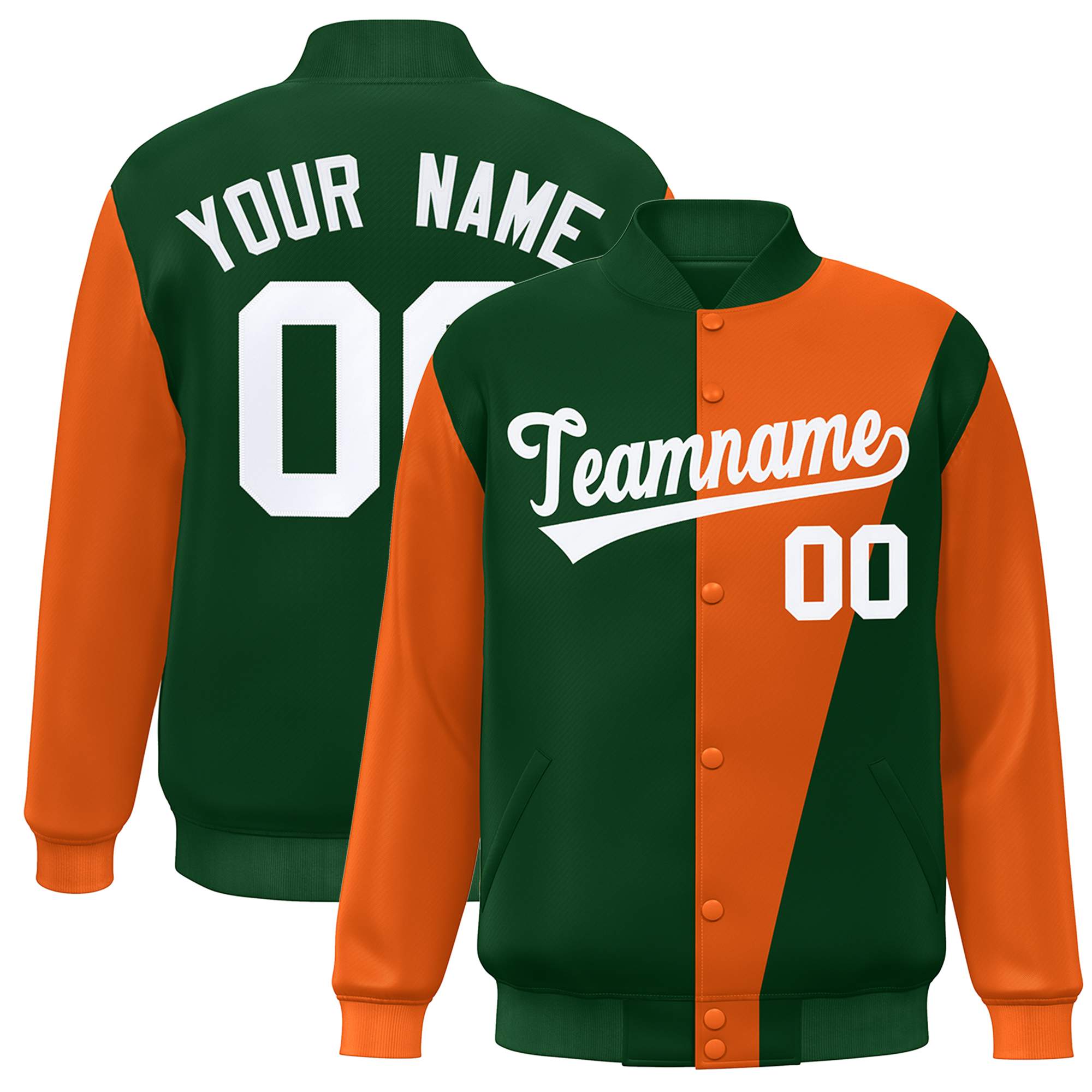 Custom Green Orange-White Color Block Varsity Full-Snap Bomber Jacket