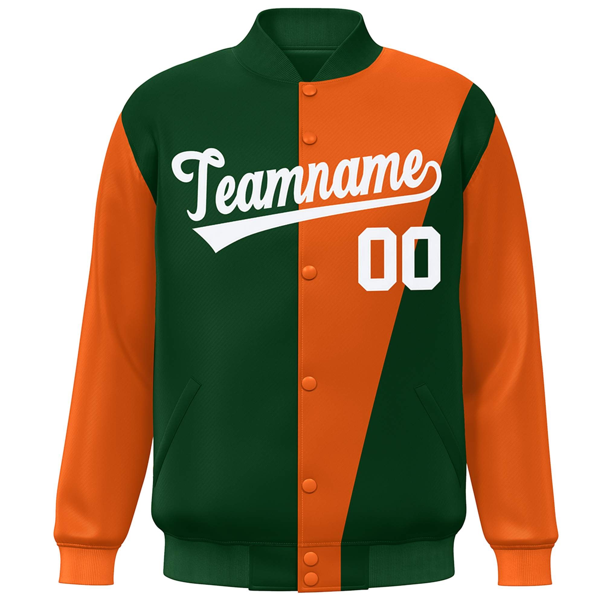 Custom Green Orange-White Color Block Varsity Full-Snap Bomber Jacket