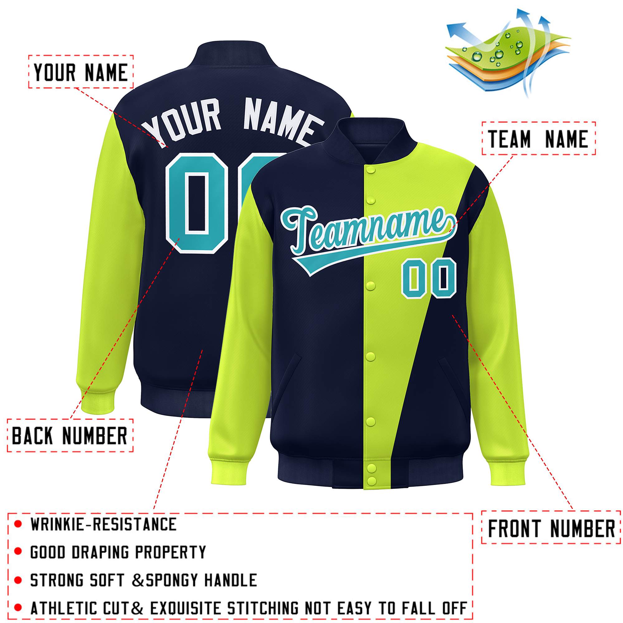 Custom Navy Neon Green-Aqua Color Block Varsity Full-Snap Bomber Jacket