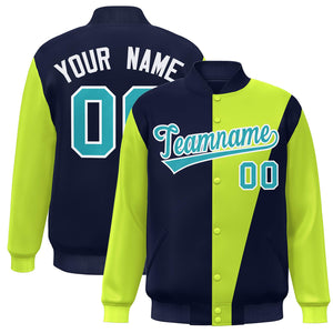 Custom Navy Neon Green-Aqua Color Block Varsity Full-Snap Bomber Jacket