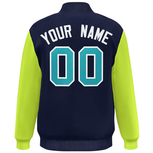 Custom Navy Neon Green-Aqua Color Block Varsity Full-Snap Bomber Jacket