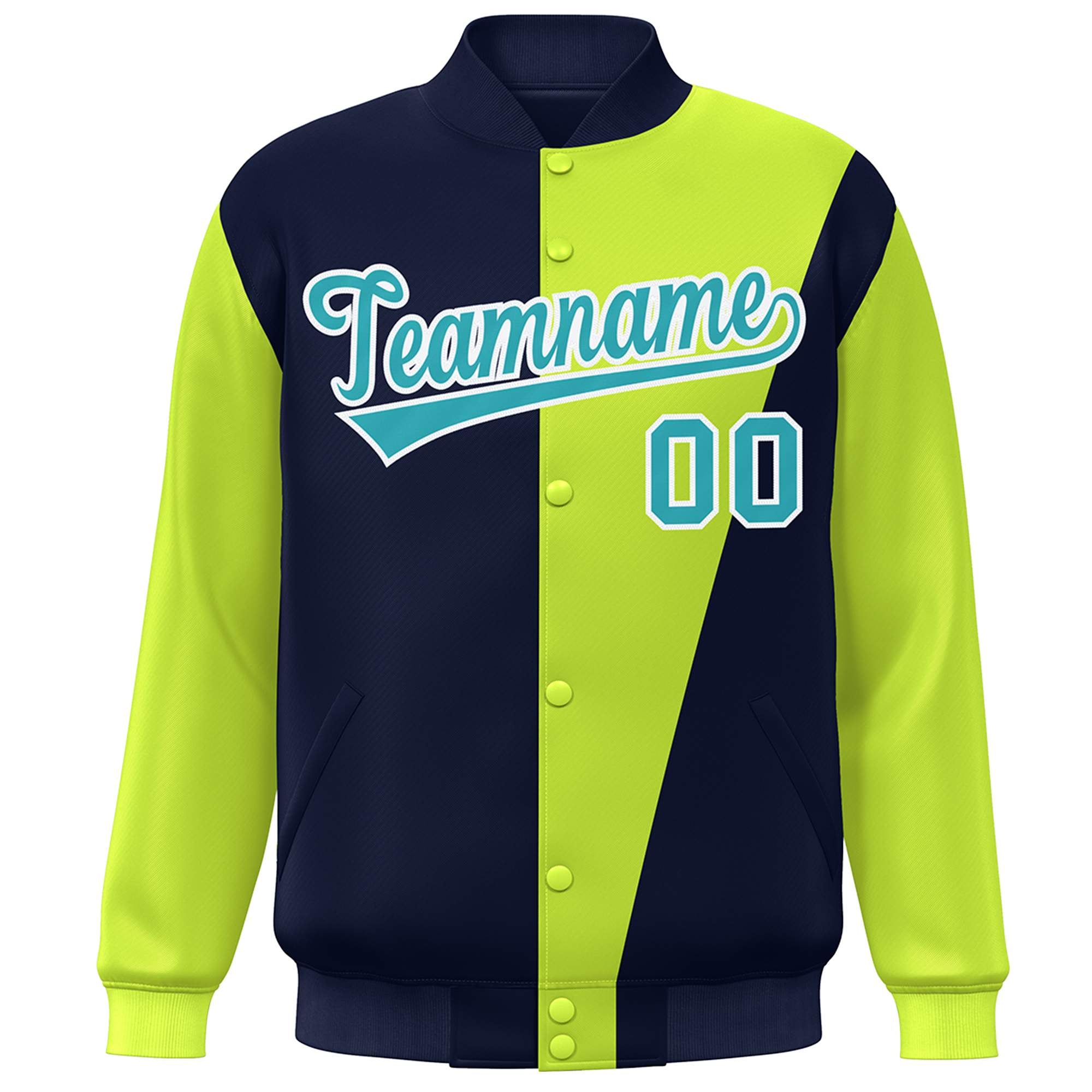 Custom Navy Neon Green-Aqua Color Block Varsity Full-Snap Bomber Jacket