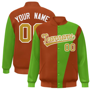 Custom Orange Green-Old Gold Color Block Varsity Full-Snap Bomber Jacket