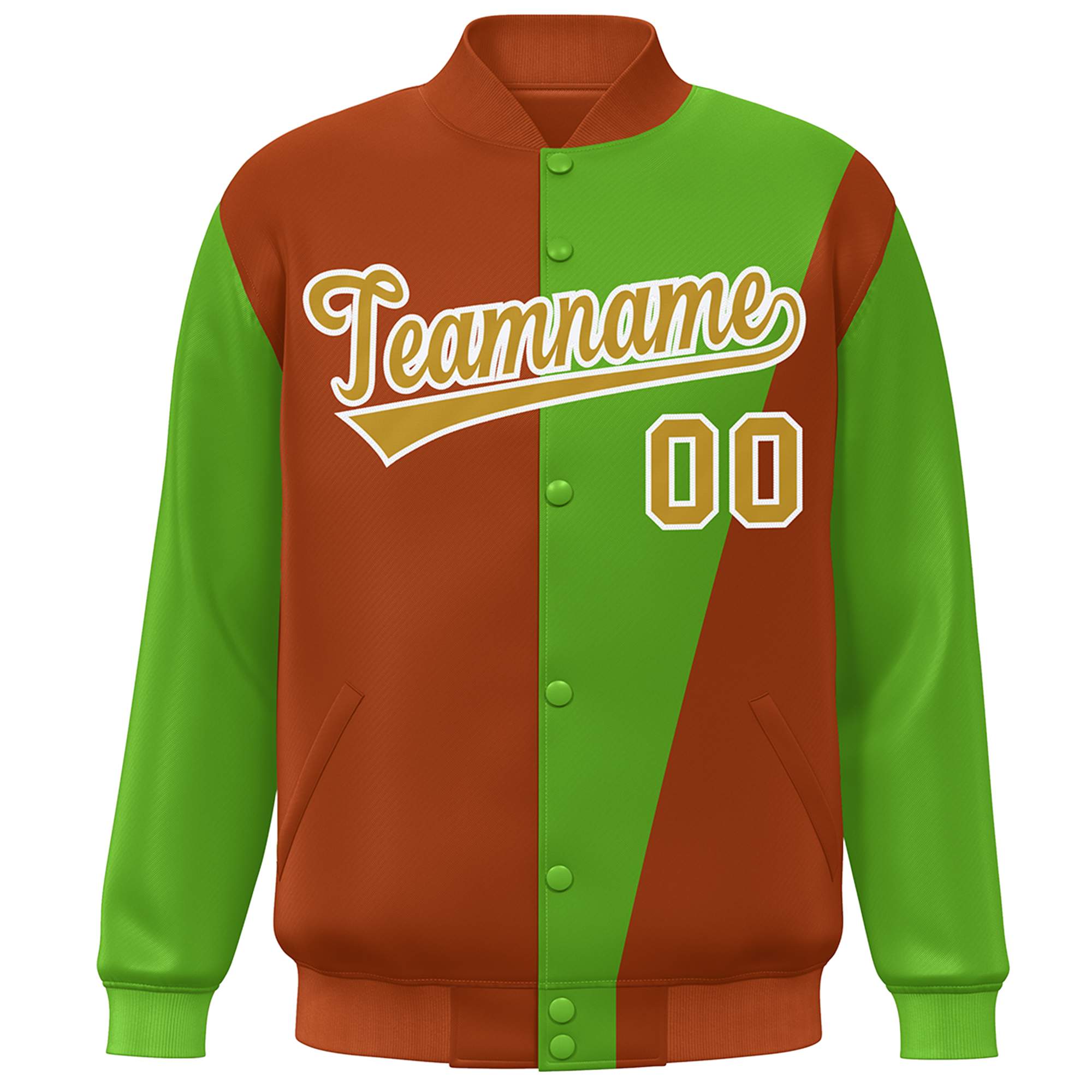 Custom Orange Green-Old Gold Color Block Varsity Full-Snap Bomber Jacket