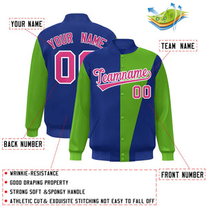 Custom Royal Green-Pink Color Block Varsity Full-Snap Bomber Jacket