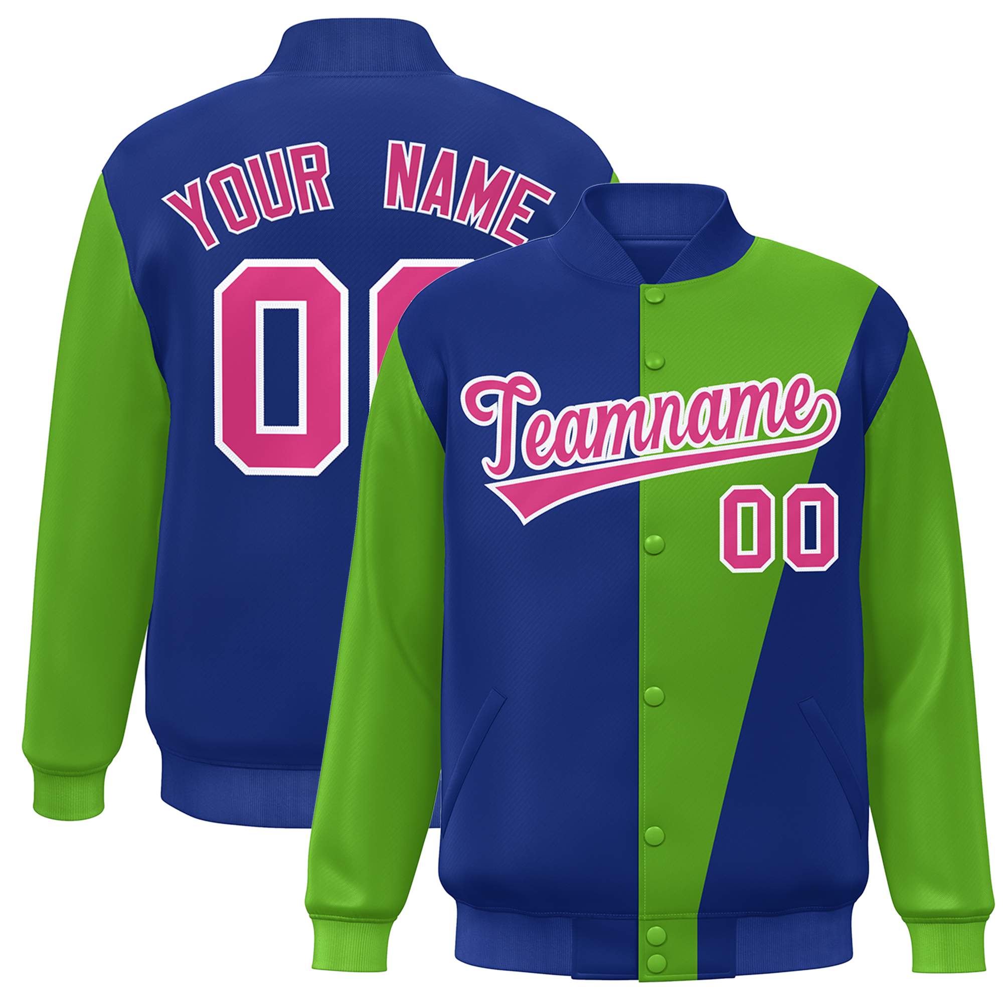 Custom Royal Green-Pink Color Block Varsity Full-Snap Bomber Jacket