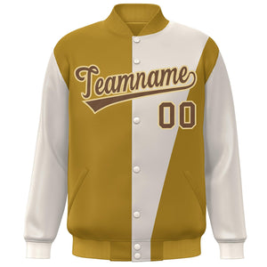 Custom Khaki Old Gold-Brown Color Block Varsity Full-Snap Bomber Jacket