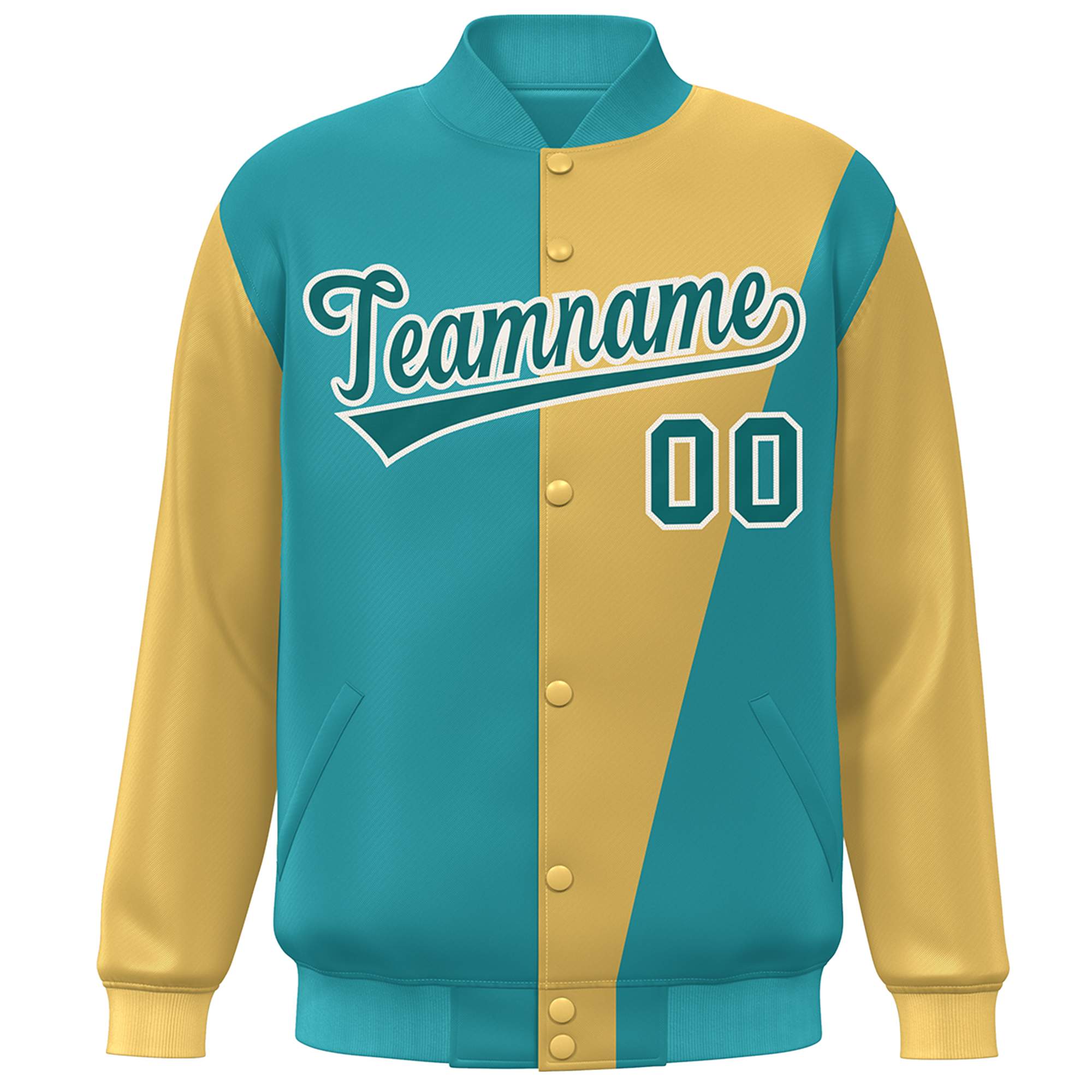 Custom Aqua Gold Color Block Varsity Full-Snap Bomber Jacket