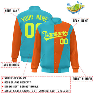 Custom Aqua Orange-Neon Green Color Block Varsity Full-Snap Bomber Jacket