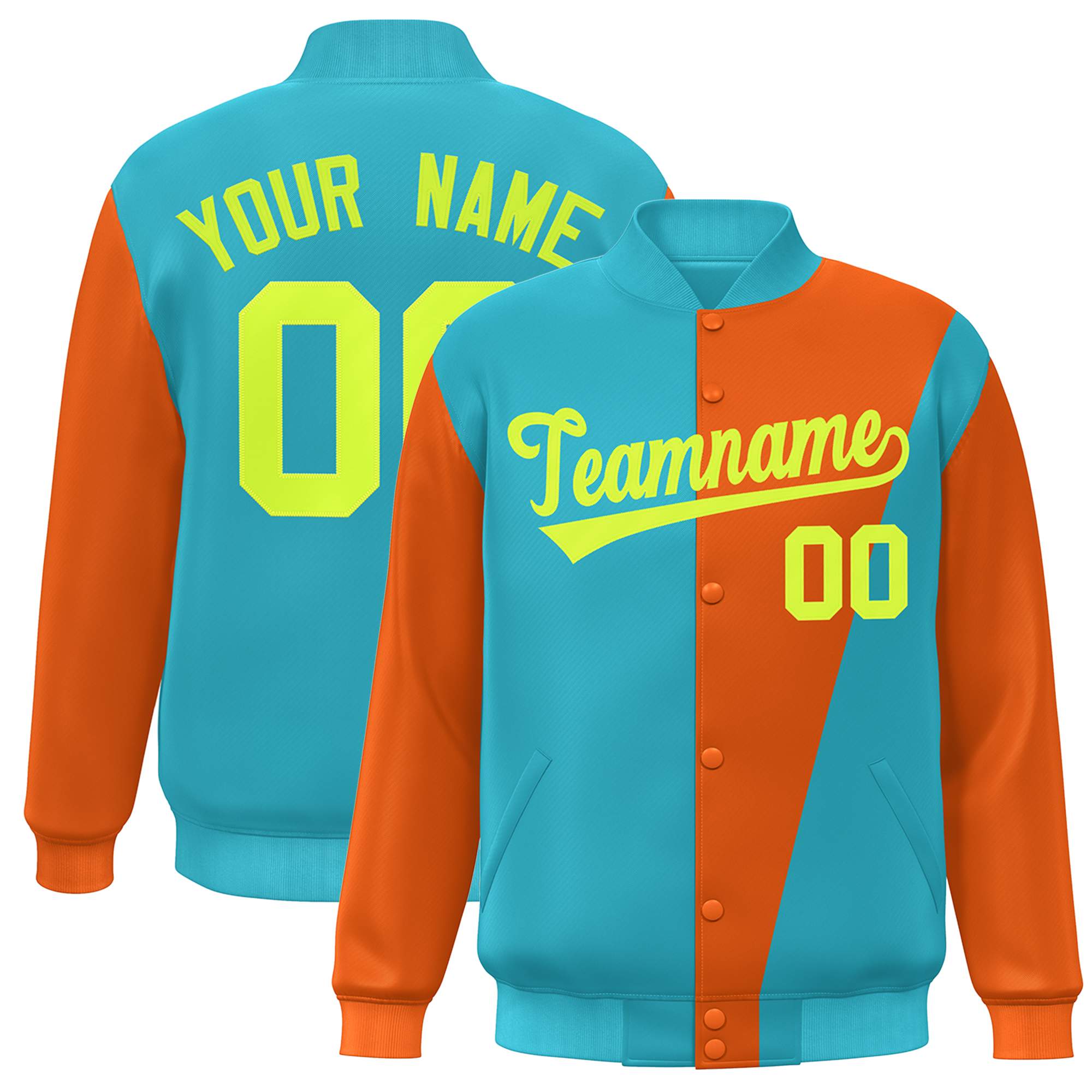 Custom Aqua Orange-Neon Green Color Block Varsity Full-Snap Bomber Jacket