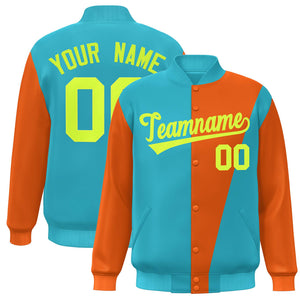 Custom Aqua Orange-Neon Green Color Block Varsity Full-Snap Bomber Jacket