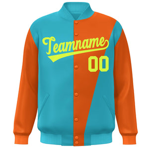 Custom Aqua Orange-Neon Green Color Block Varsity Full-Snap Bomber Jacket