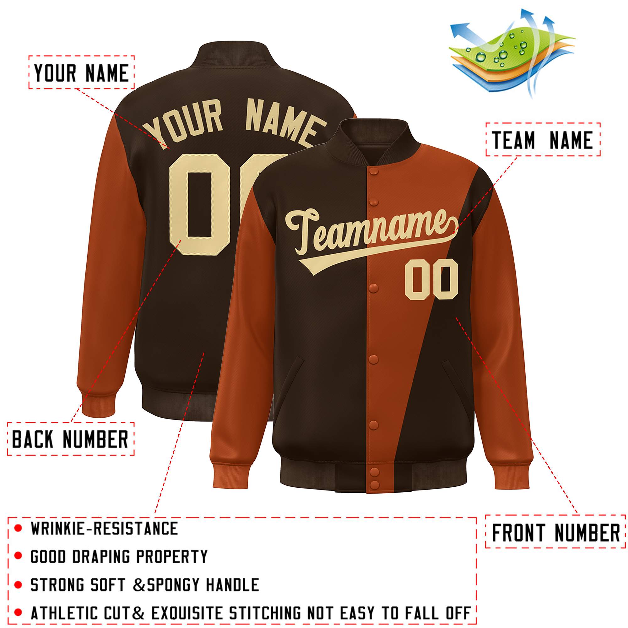 Custom Brown Orange-Khaki Color Block Varsity Full-Snap Bomber Jacket