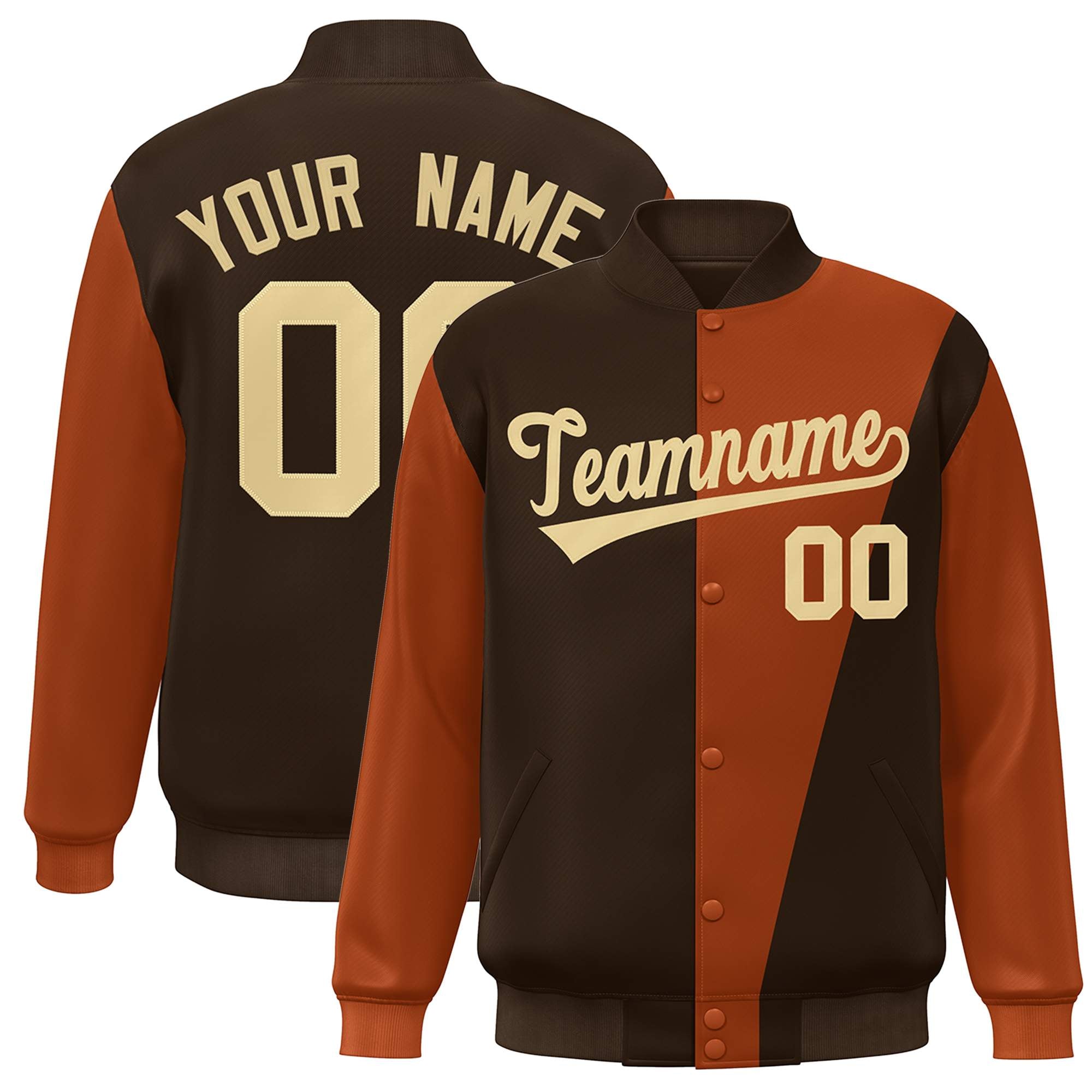 Custom Brown Orange-Khaki Color Block Varsity Full-Snap Bomber Jacket