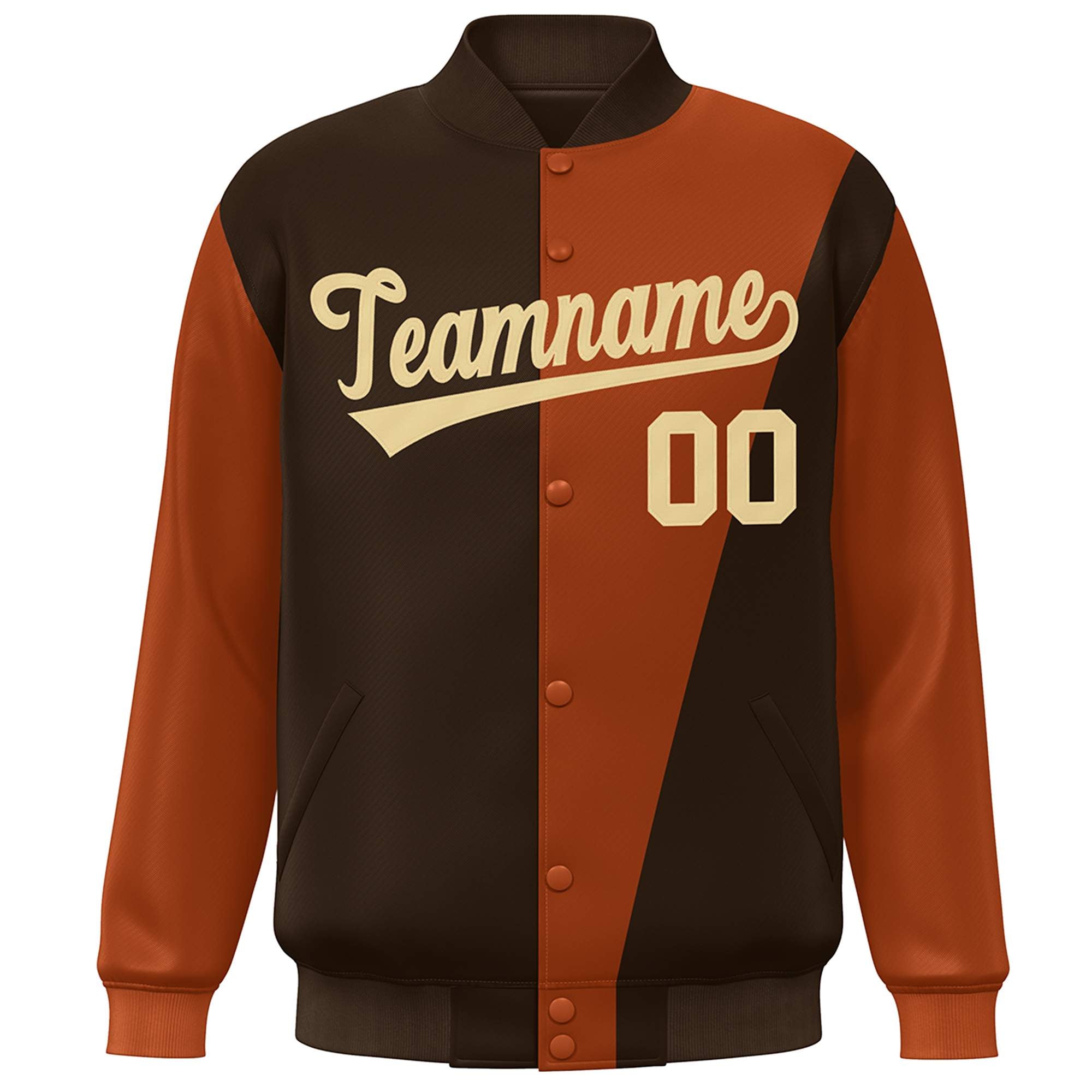 Custom Brown Orange-Khaki Color Block Varsity Full-Snap Bomber Jacket