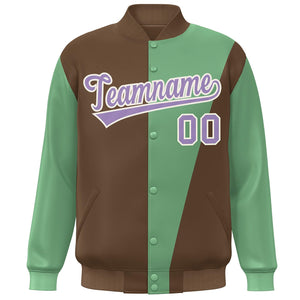 Custom Brown Green-Purple Color Block Varsity Full-Snap Bomber Jacket