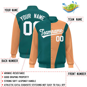 Custom Aqua Orange-White Color Block Varsity Full-Snap Bomber Jacket