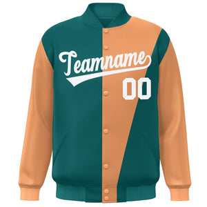 Custom Aqua Orange-White Color Block Varsity Full-Snap Bomber Jacket