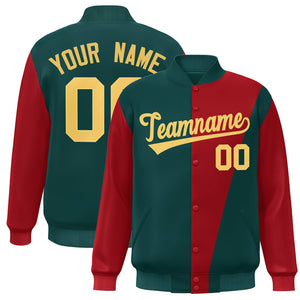 Custom Midnight Green Red-Khaki Color Block Varsity Full-Snap Bomber Jacket