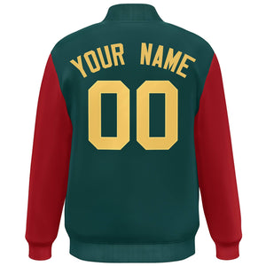 Custom Midnight Green Red-Khaki Color Block Varsity Full-Snap Bomber Jacket