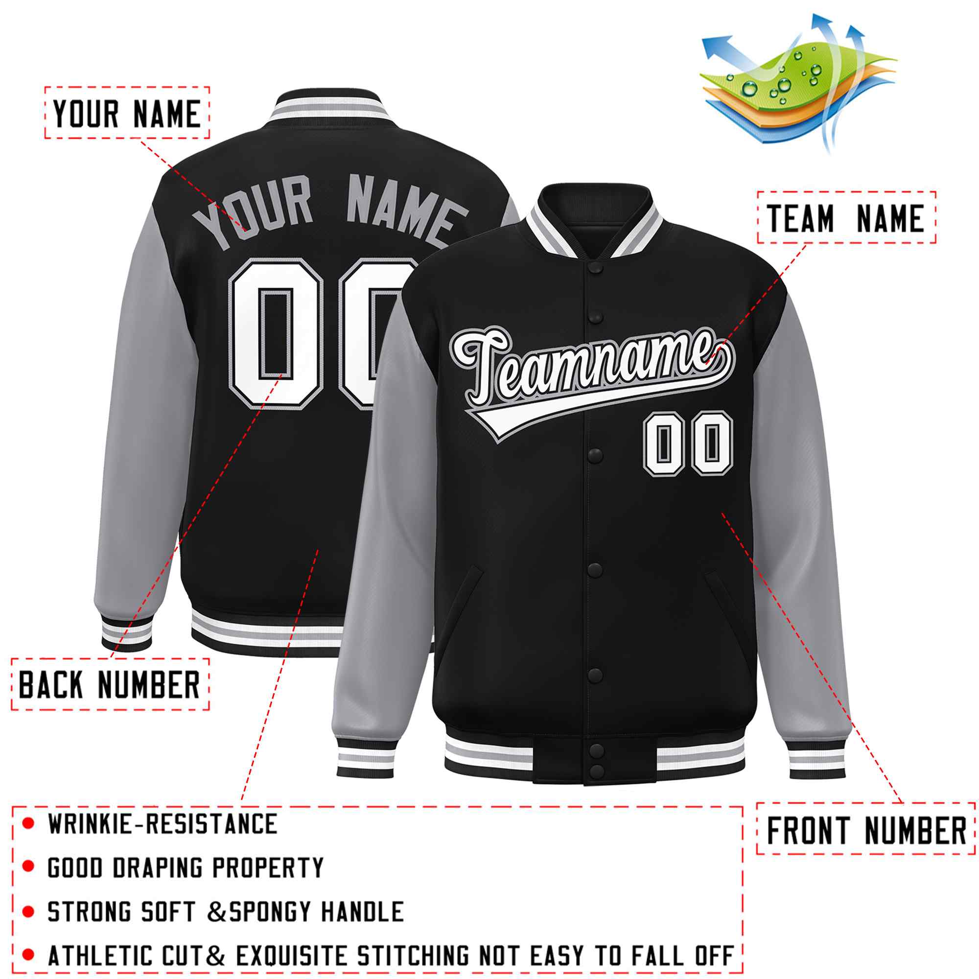 Veste Letterman Varsity Full-Snap à manches raglan personnalisées noir blanc-noir