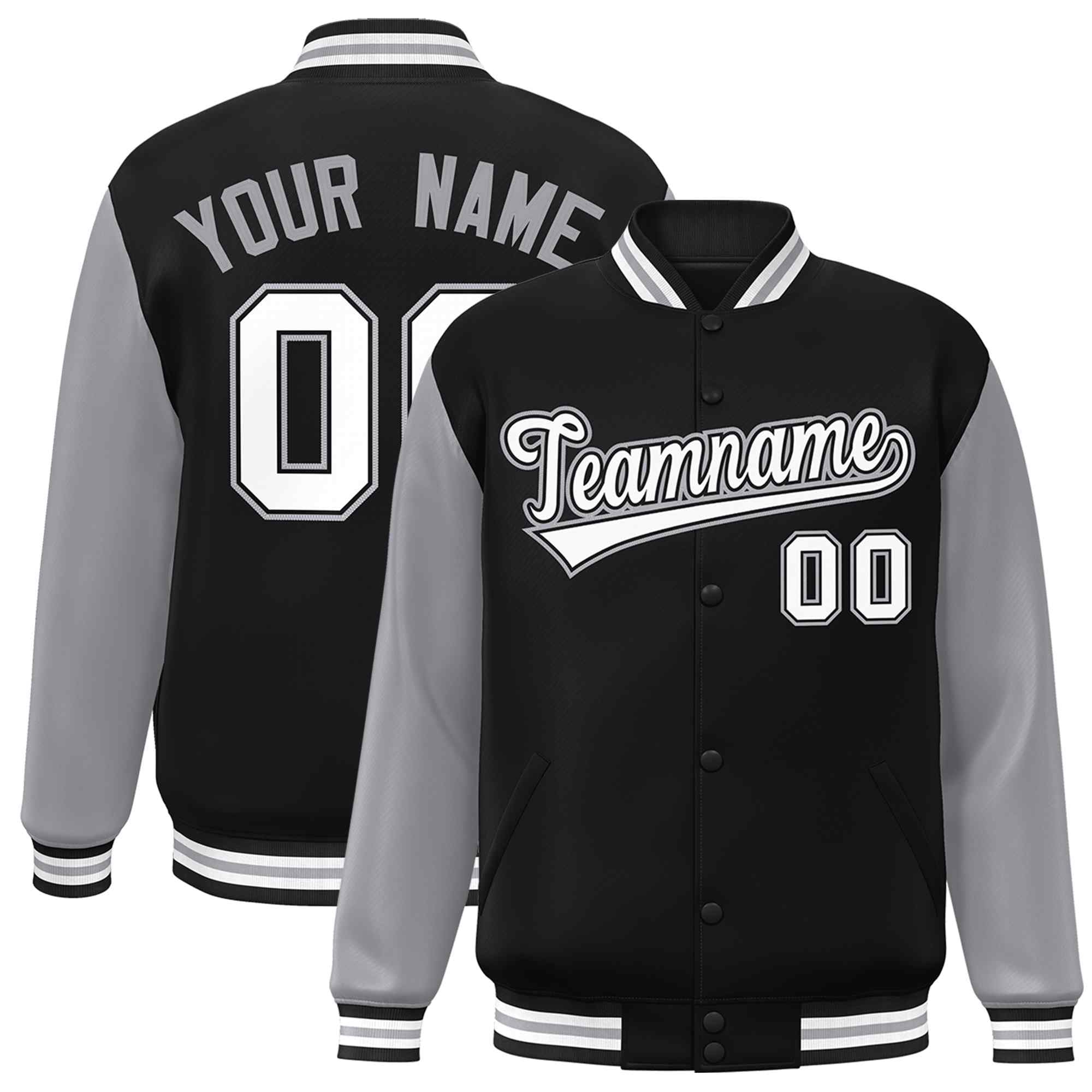 Veste Letterman Varsity Full-Snap à manches raglan personnalisées noir blanc-noir